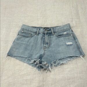 Light Blue Jean Shorts with Frayed Hem and Distressed Look